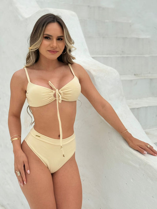 High-Waist Bikini Set with Gold Details – Beige Gaya