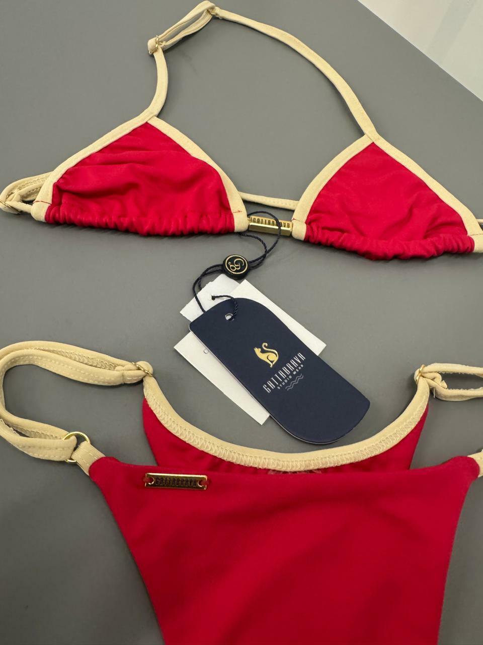 Red/Beige Solid Triangle Brazilian Bikini